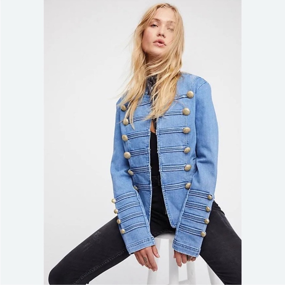 Free People Blue Gold Jean Jacket with Military Style